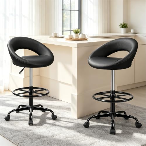 Image of Ergonomic Drafting Chair for Standing Desk - Black, 2 Pack | Height Adjustable Tall Rolling Stool with Foot Rest, Back Support & PU Leather, Home Office Kitchen Counter Salon