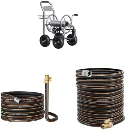 Giraffe Tools Water Hose Reel with Wheels,250ft Hose Capacity+ 5/8" 50ft Female to male Garden Hose+5/8" 75ft Female to male Garden Hose