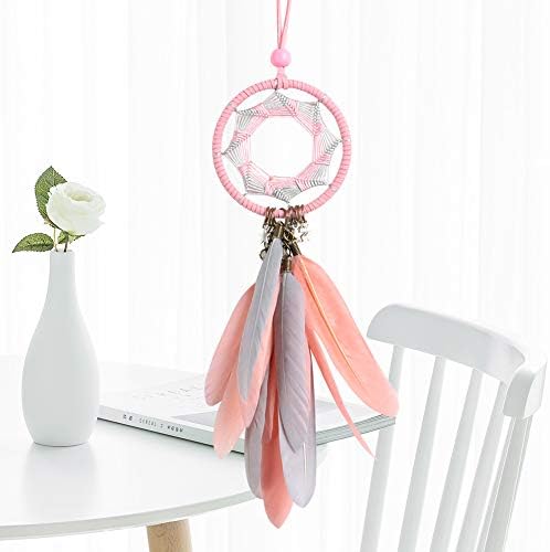 Dremisland Dream Catcher Handmade Pink Feather Wall Hanging Car Rearview Mirror Accessories Bedroom Hanging Decorative Ornament Craft Gift