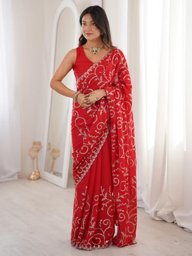 Image of AKHILAM Women's Red Georgette Embroidered Sequins Work Saree With Unstitched Blouse Piece (STARJAL1001 VH)