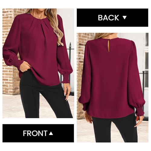 Kate Kasin Womens Dressy Business Casual Tops, Pleated Long Sleeve Shirts, Office Work Chiffon Blouses4