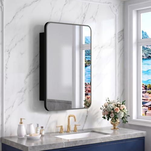 Image of ACEMIRO 16x24 Inch Black Mirror Medicine Cabinet Metal Framed Recessed Wall Mounted Bathroom Medicine Cabinet with Mirror and Storage