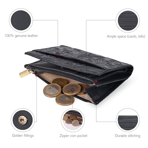 Image of Oak Leathers Leather Wallet For Women - Small RFID Coin Purse Credit Card & ID Holder for Ladies, Gift for Women's, Bifold Wallets (Crazy Horse Black Flower)