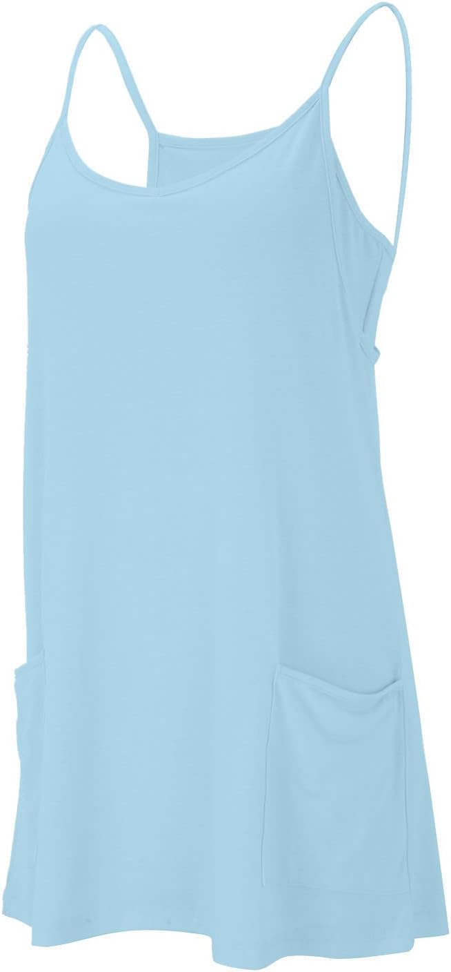 Women's Built in Shorts Dresses with Pockets Summer Sleeveless Crewneck Cami Mini Dress Soft Vacation Lounge Sundress