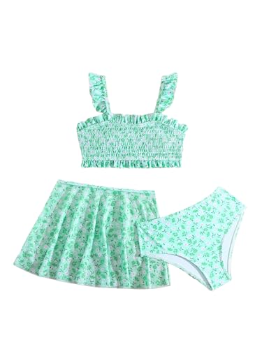 Image of Girl's 3 Piece Floral Shirred Bikini Swimsuit with Skirt Cover Up Bikini Set Bathing Suit Cyan 140