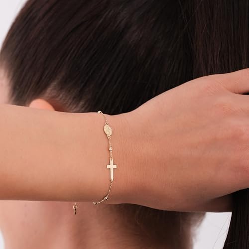 MIONZA 14K Solid Gold Rosary Sideways Cross Bracelet for Women, Adjustable Cross Bracelet, Religious Charm Catholic Jewelry, Christian Baptism Gift for Her4