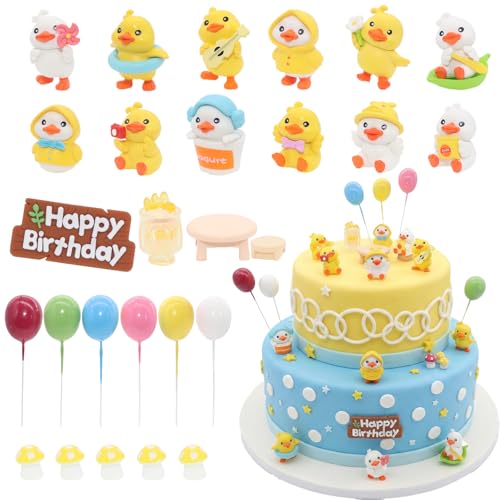 BiBo Duck Cake Topper Decorations Set, Mini Duck Figurine with Cupcake Toppers for One Lucky Duck Birthday Baby Shower Themed Party Favors Supplies