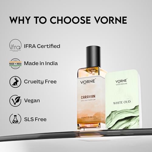 Image of VORNE solid perfume 12g & Eau De Parfum for men 20ml | White oud & Caravan | Gift Set for Men | Strong Long-Lasting, alcohol free solid perfume, Woody fragrance | Pack of 2 |Travel & Pocket friendly | Valentines day gift