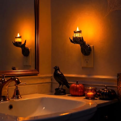 Image of Briignite Halloween Night Light, Gothic Hand Candle Night Light, Amber | Spooky night lights plug into wall with flickering flame, dimmable, 2 light modes /flame modes for Halloween decor and parties