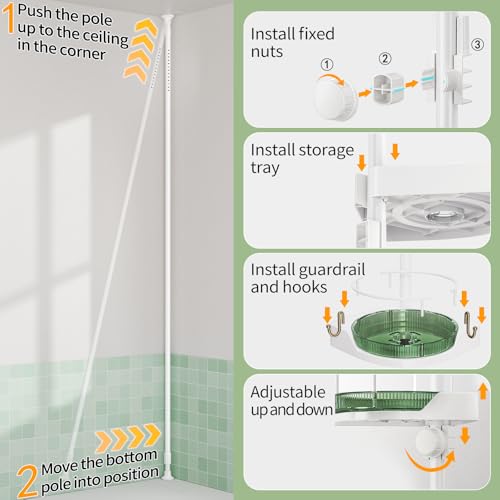 Image of AKINBAS 360 Rotating Shower Caddy Tension Pole with 4-Tier Rustproof Lazy Susan 35-128 Inch No Drilling Coner Shelves Adjustable Shower Rack for Bathroom Bathtub Washbasin Plant Storage (White+Green)