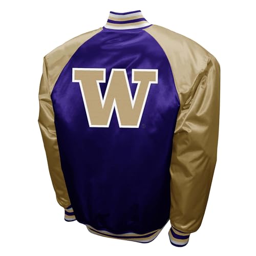 2Bhip NCAA Washington Huskies Adult Purple & Gold Vintage Style Lightweight Satin Bomber Varsity Jacket2