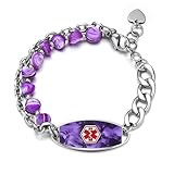 Customizable Medical Alert Bracelets for Women & Men, 2-Layer Purple Shell Beads Chain Medical ID Bracelets, Stainless Steel ID Tag with Free Engraving, Adjustable 6.5-7.5 Inches or 7.5-8.5 Inches