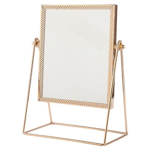 ByteRunning Espejo de Maquillaje Dorado,Espejo de tocador de Escritorio Multifuncional de Metal,Espejo cosmético portátil para baño y Viajes