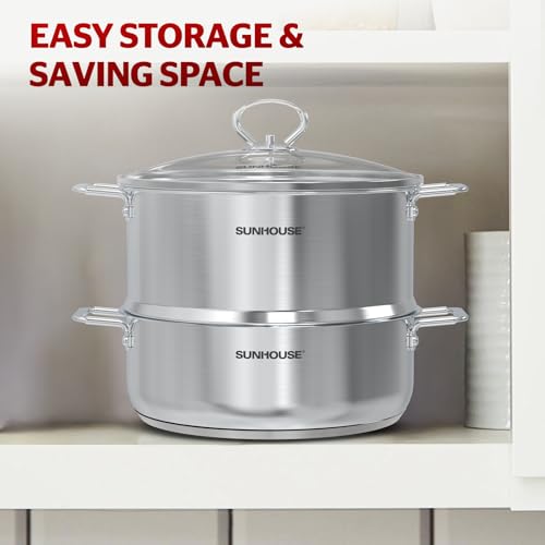 SUNHOUSE 2-Tier Stainless Steel Steamer Pot for Cooking - Large 5.5 QT Steamer Basket & 3.8 QT Stockpot - Tri-Ply Base Vegetable Steamer with Stay-Cool Silicone Handles and Lid - Induction Compatible by Sunhouse - Image 8