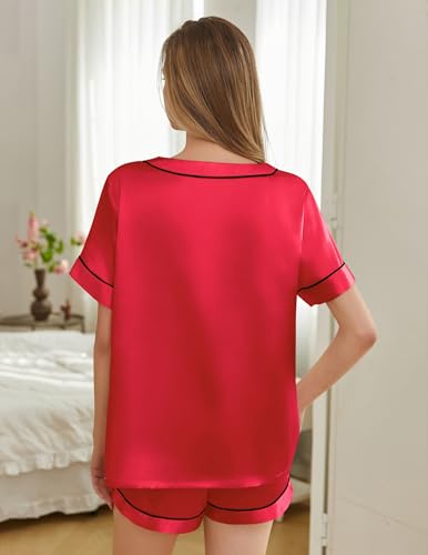 Image of Silk Pajamas for Women Short Sleeve Satin 2 Piece Pj Set Soft V Neck Sleepwear Loungewear, S-XXL