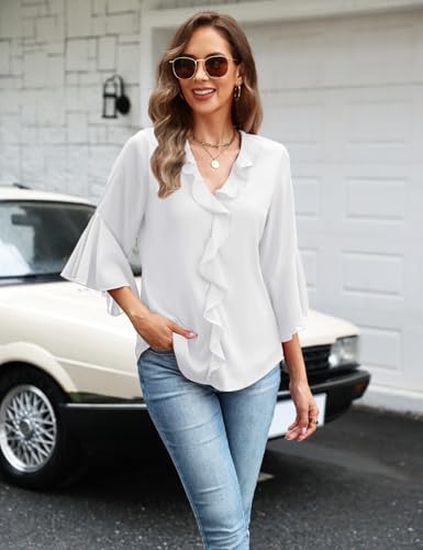 CiCiBird Women’s Ruffle V Neck Blouses 3/4 Sleeve Flowy Chiffon Tops Dressy Casual Shirts for Work4