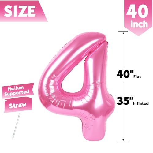 Image of 40 Inch Pink Number 4 Balloon Birthday Party Decorations for Men & Women | 40 Inch Pink inflatable foil number balloons, large birthday decorations for 4th birthday