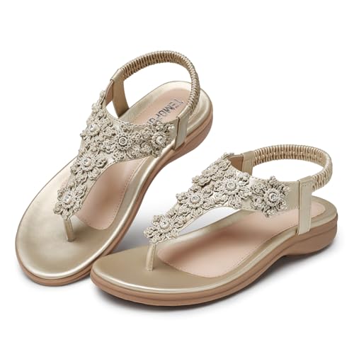 Image of TEMOFON Sandals for Women Flat Dressy Summer Flower Sandals with Ankle Strap Comfortable Casual Walking Flat Sandals Size 5-11