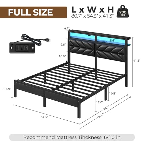 Image of Seventable Full Size Bed Frame with Charging Station & LED Lights, Upholstered Headboard with 2-Tier Storage Shelves, Metal Platform with Under Bed Storage, No Box Spring Needed, Easy Assembly, Black