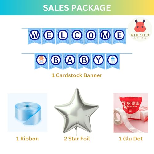 Image of 57 Pcs Welcome Baby Boy Decoration Kit | Balloons, Banner, Curtains, Foils, Stars, Hearts, Ribbon & Confetti for Baby Shower & Newborn Celebration Set 18