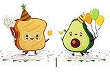 lustige gutscheine zum selbermachen PREMIUM FALTKARTE mit grün schimmernder Vorderseite und einem detailreichen Motiv, welches sich beim Öffnen entfaltet: eine Avocado und ein Toastbrot, die mit Konfetti-Kanone und Luftballons ausgestattet, fröhlich miteinander anstoßen.