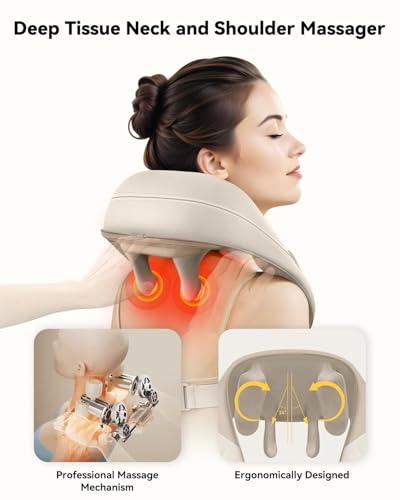 Image of Snailax Cordless Neck Massager with Heat, Kneading Neck and Shoulder Massager Deep Tissue, Shiatsu Back Pillow, 2 Heating Levels,Gifts for Mom Dad