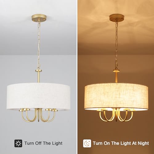 5-Light Gold Drum Chandelier with White Linen Shade 19" Pendant Light by TYNEWRGY - Used condition - Image 5