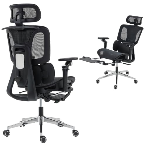 HOMCOM Chaise Bureau Ergonomique avec Accoudoirs 6D, Appui-Tête et Profondeur d'Assise Réglables, Fauteuil de Bureau en Maille Inclinable, Hauteur Réglable, Soutien Lombaire, Repose-Pieds, Noir