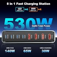 530W USB C Ladegerät Mehrfach mit 8 Ports, GaN III USB Schnellladegerät Mehrfach mit 4xUSB-C & 4xUSB-A, PD140W, 65W, 30W Power Delivery Ladestation USBC für MacBook Pro/Air, iPhone, iPad, Samsung mehr – Ansicht 2