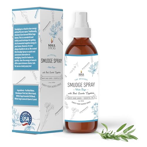 SOUL STICKS Smudge Spray for Cleansing Negative Energy and Purifying Home | Made with White Sage and Quartz Crystals | 3.5 oz. Bottle (White Sage)