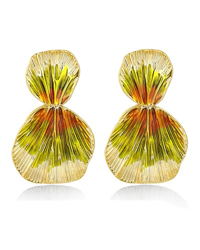 Colorful Gold Boho Chunky Leaf Floral Geometric Textured Dangling Statement Earrings for Women by SNGIA, Large Orange Green Handmade Trendy Ribbed Fan Dangle Jewelry Gifts, Big Summer Round Oval Square African Beachy Vacation Flower Fashion Accessories, Vintage Thick Bohemian Nickle Free Huggie Earring.