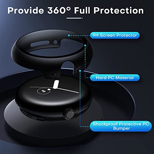 Tauri 2 Pack Hard Case Compatible For Pixel Watch With 9H Tempered Glass Screen Protector, [Touch Sensitive] [Full Coverage] Slim Bumper Protective Cover For Pixel Watch- 1 Black 1 Clear #TOP4