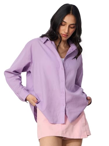 Image of The Souled Store Solids: Pink Women and Girls Loose fit Full Sleeve Cotton and Linen Pink Color Women Boyfriend Shirts
