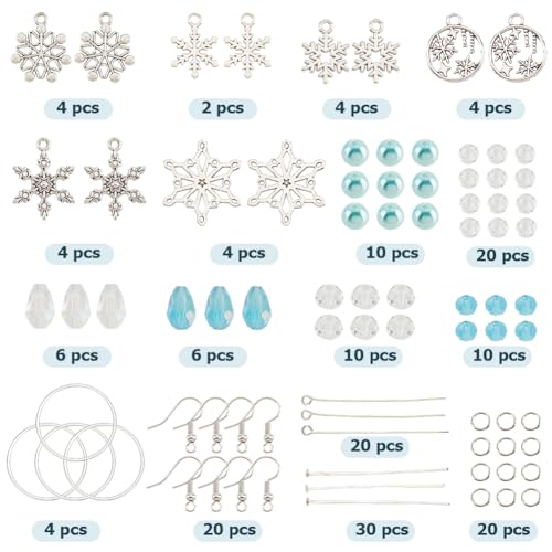 SUNNYCLUE 1 Box DIY 10 works Christmas Charms Earrings Making Kit Antique Silver Snowflake Charms Winter Blue Faceted Glass Beads Linking Rings Dangle Earring Hooks for Jewellery Making Kits Adult - Image 2