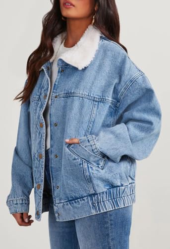 chouyatou Women's Warm Sherpa Collar Denim Jacket Faux Fur Collar Denim Coat Trucker Jacket2