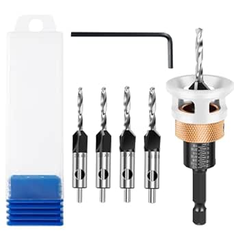 FALESOUL 4PCS Countersink Drill Bit Set, Low Friction Depth Stop, 1/8 3/8", 9/64 3/8", 5/32 3/8", 11/64 1/2", 3/16 1/2" + 1/4" Quick Change Hex Shank Countersink Drill for Wood, Plastic, Woodworking