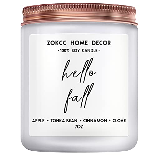 Fall Scented Candles Autumn Home Decor, Hello Fall, Apple + Tonka Bean + Cinnamon + Clove, Fall Gifts For Women, 7Oz Frosted Jar, 50 Hour Burn Time #TOP6