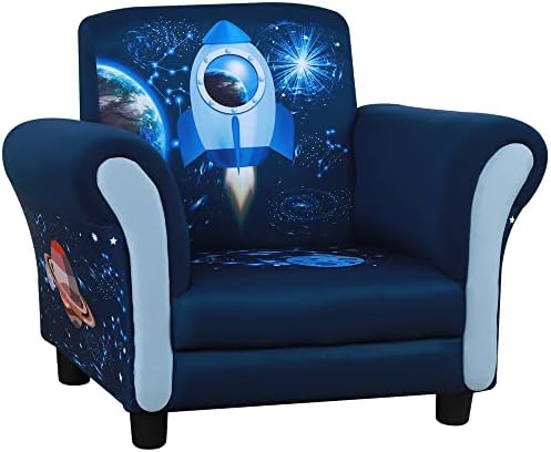 HOMCOM Kids Armchair Children Sofa Tub Chair Space Rocket Wood Frame Thick Padding High Back Armrest Anti Slip Feet Blue for 3-6 Yrs