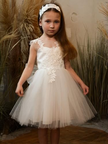 Lace Applique Flower Girl Dress for Wedding Tulle Bow Knot Ball Gowns Sleeveless V-Back Princess Birthday Short Dress2
