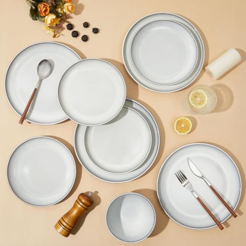 Image of Pokini Stoneware Dinnerware Sets for 8, 24pcs Plates and Bowls Sets Dishes | Reactive Glaze Ceramic Dish Set, Microwave & Dishwasher Safe, Highly Chip and Crack Resistant Dishware sets, Moonstone White