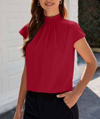 Image of Funlingo Womens Summer Tops Mock Neck Short Cap Sleeve Blouses Business Casual Work Chiffon Shirts Front Pleated Tunic Top