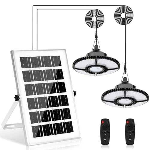 Solar Shed Light Upgrade Double Head 1000LM Indoor Dimmable LED Solar Chandelier Pendant Lights for Garage Gazebo Home Lamp,Double