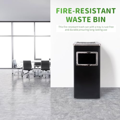 Image of Square Stainless Steel Trash Can With Lid - Outdoor, Removable Inner Bucket for Coffee Shop, Hotel, Corporate Use - Black, 9.45'' x 9.45'' x 24''
