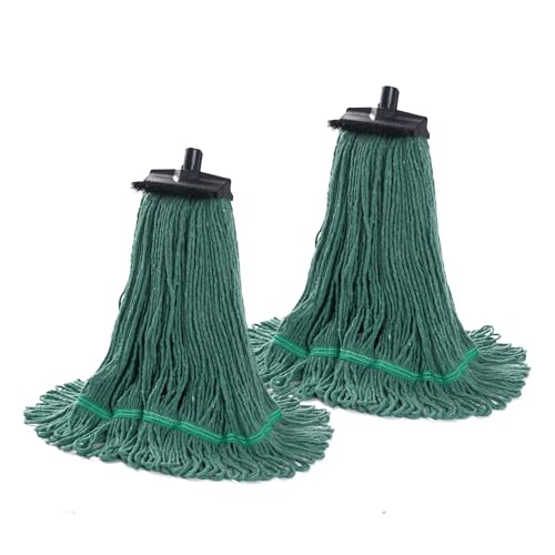 Image of Matthew Large Heavy Duty Mop Head Commercial Replacement for General and Floor Cleaning, Screw-on Wet Industrial Cotton Looped End String Head Refill (Green 2Pack) w /Built-in Flexible Bristle Brush