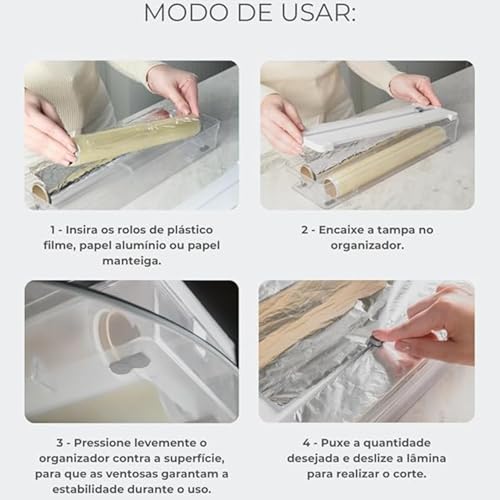 Organizador e Cortador de Rolos Duplo Clear OU - Ideal para Papel Filme, Alumínio e Manteiga