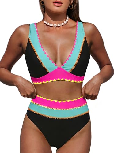 Image of Hilinker Women's Leopard Bikini Swimsuits V Neck High Waisted 2 Piece Bathing Suits