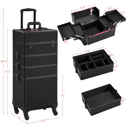 Yaheetech 4 in 1 Professional Makeup Train Case Aluminum Cosmetic Case Rolling Makeup Case Extra Large Trolley Makeup Travel Organizer, with 360° Swivel Wheels, Black