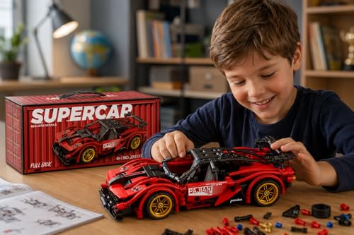 Image of 1:18 Scale Pull Back Racing Car Building Block Set (422-520 PCS) | Creative Assembly Toy for Collectors & Enthusiasts | Compatible Brick Model Kit (red bloks)