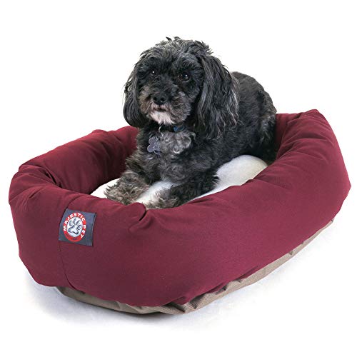 Image of Majestic Pet 24 Inch Poly-Cotton Sherpa Calming Dog Bed Washable 24x18x7 (inch) - Cozy Soft Round Donut Dog Bed with Spine for Head Support - Pet Bed Small - Burgundy