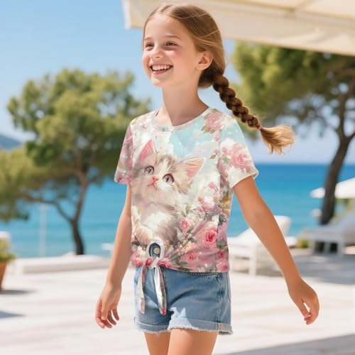 WELLFLYHOM Girls Tee Shirt 5-12 Short Sleeve Summer Top Front Tie Tshirt Crewneck Pullover Blouse Graphic Tunic Top3
